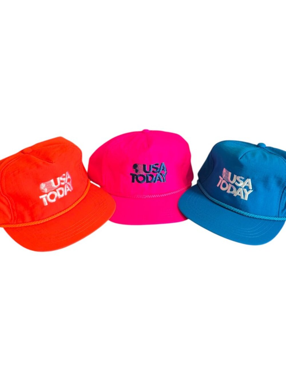 Lot of 3 Neon USA Today Baseball Cap Hats Orange Pink Blue Snapback Braided Cord